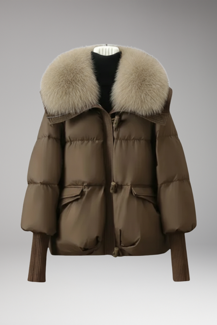 Women Puffer Jacket with Faux Fur Collar, Front Zip Closure, Ribbed ...