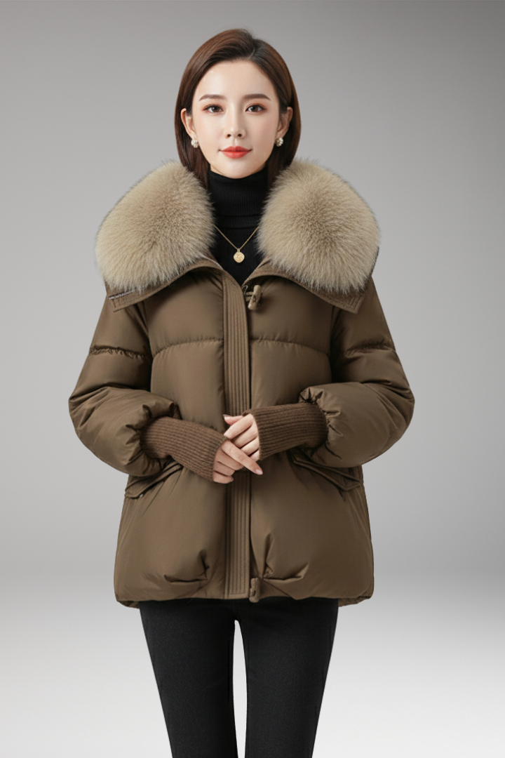 Cuff Closure Jacket Women Puffer Jacket with Faux Fur Collar, Front Zip Closure, Ribbed ...