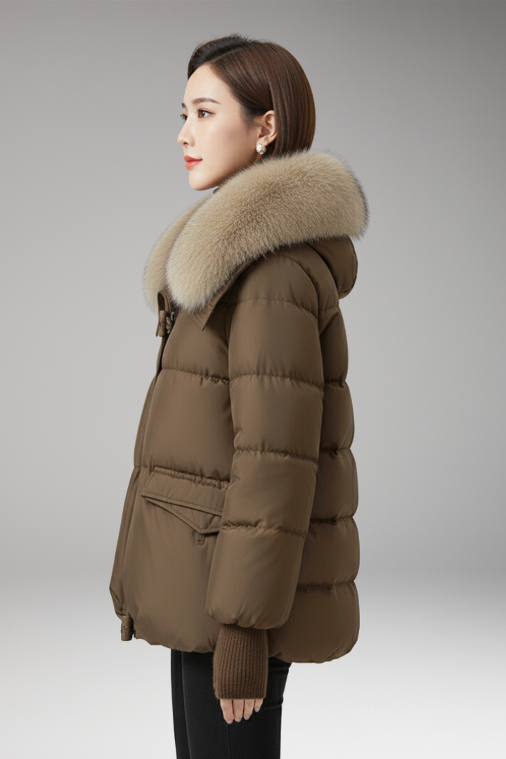 Cuff Closure Jacket Women Puffer Jacket with Faux Fur Collar, Front Zip Closure, Ribbed ...