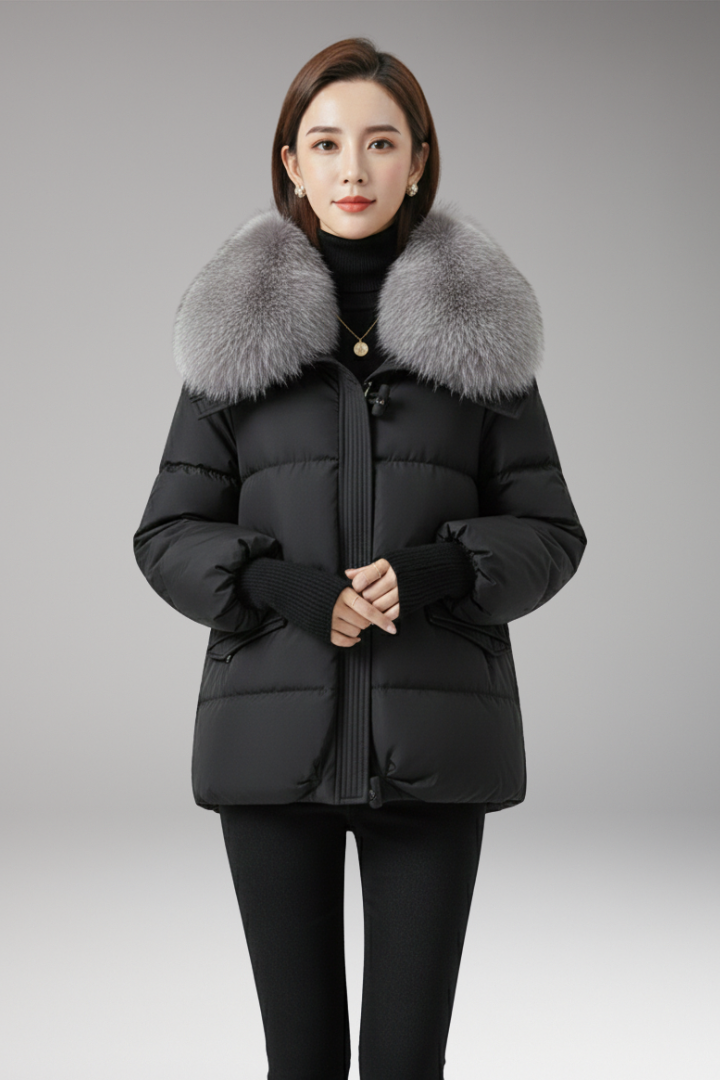 Cuff Closure Jacket Women Puffer Jacket with Faux Fur Collar, Front Zip Closure, Ribbed ...