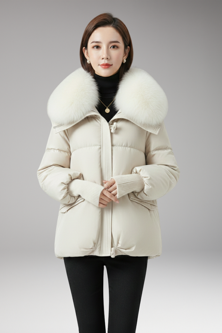 Cuff Closure Jacket Women Puffer Jacket with Faux Fur Collar, Front Zip Closure, Ribbed ...
