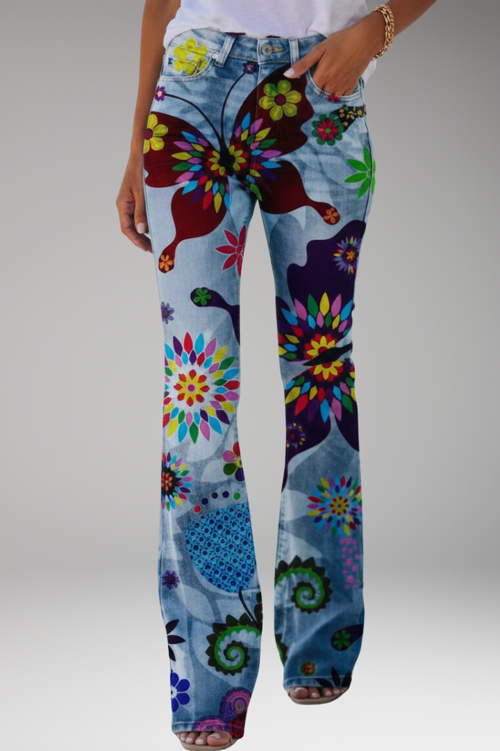 Women's Jeans with Floral Pattern and Straight-Leg Design