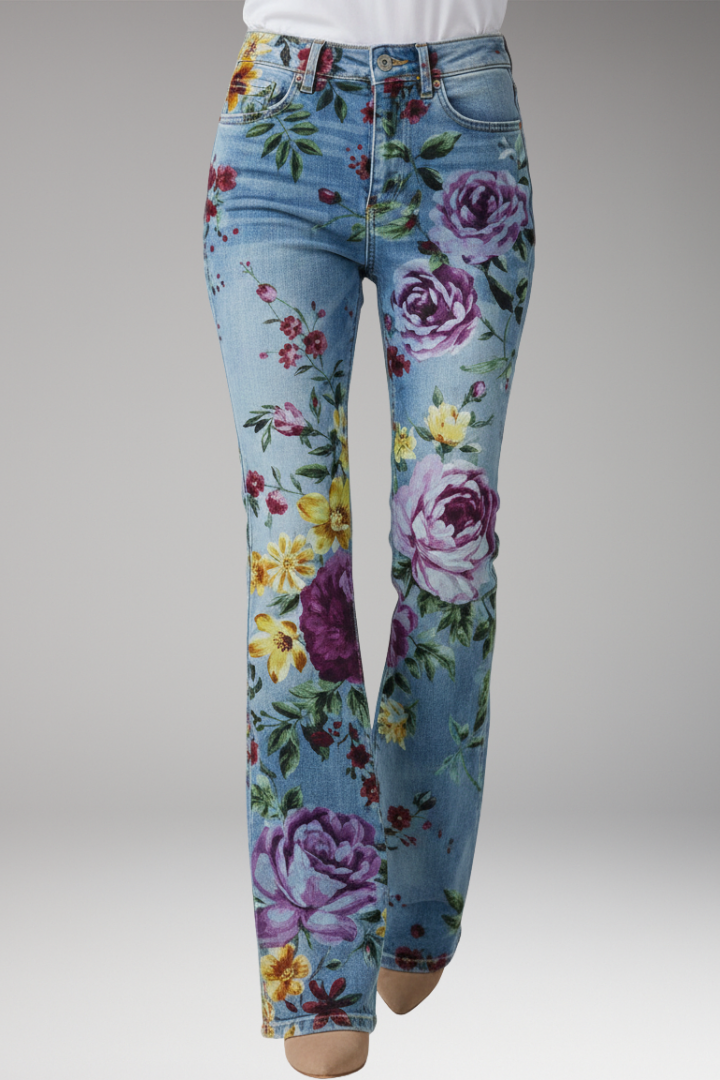 Women's Jeans with Floral Pattern and Straight-Leg Design