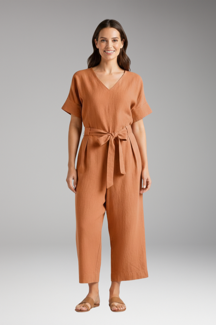 Women's Jumpsuit with V Neck and Tie Waist