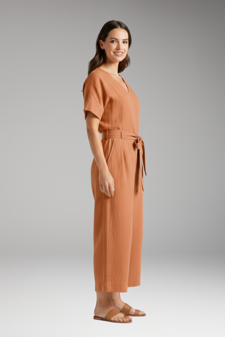 Women's Jumpsuit with V Neck and Tie Waist