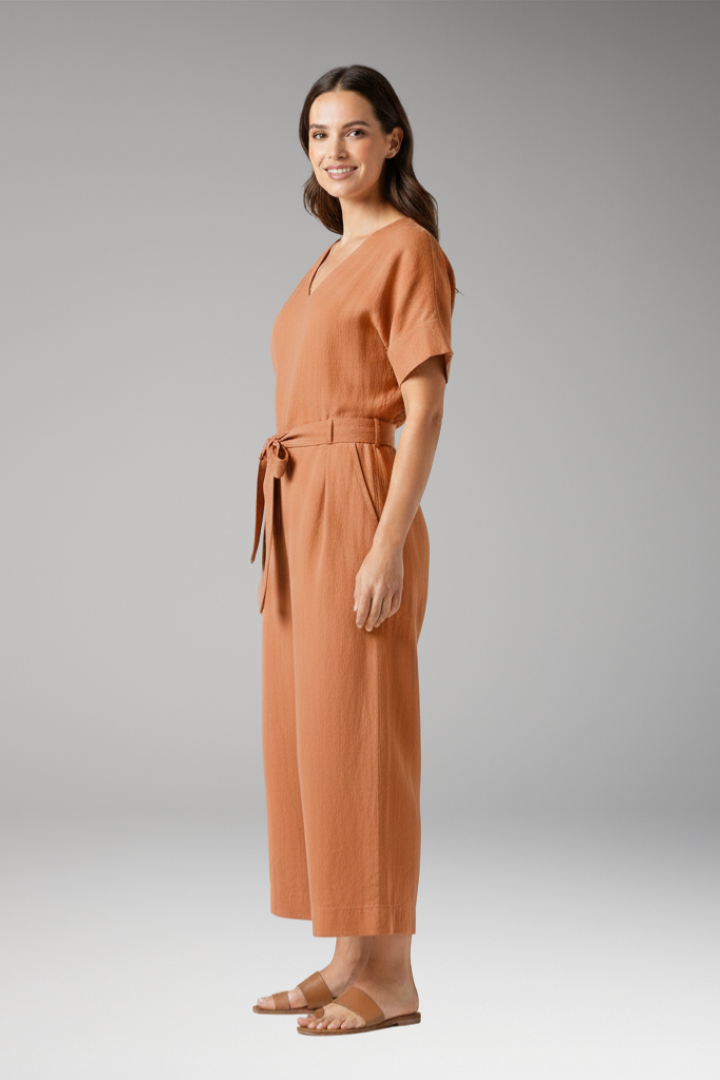 Women's Jumpsuit with V Neck and Tie Waist