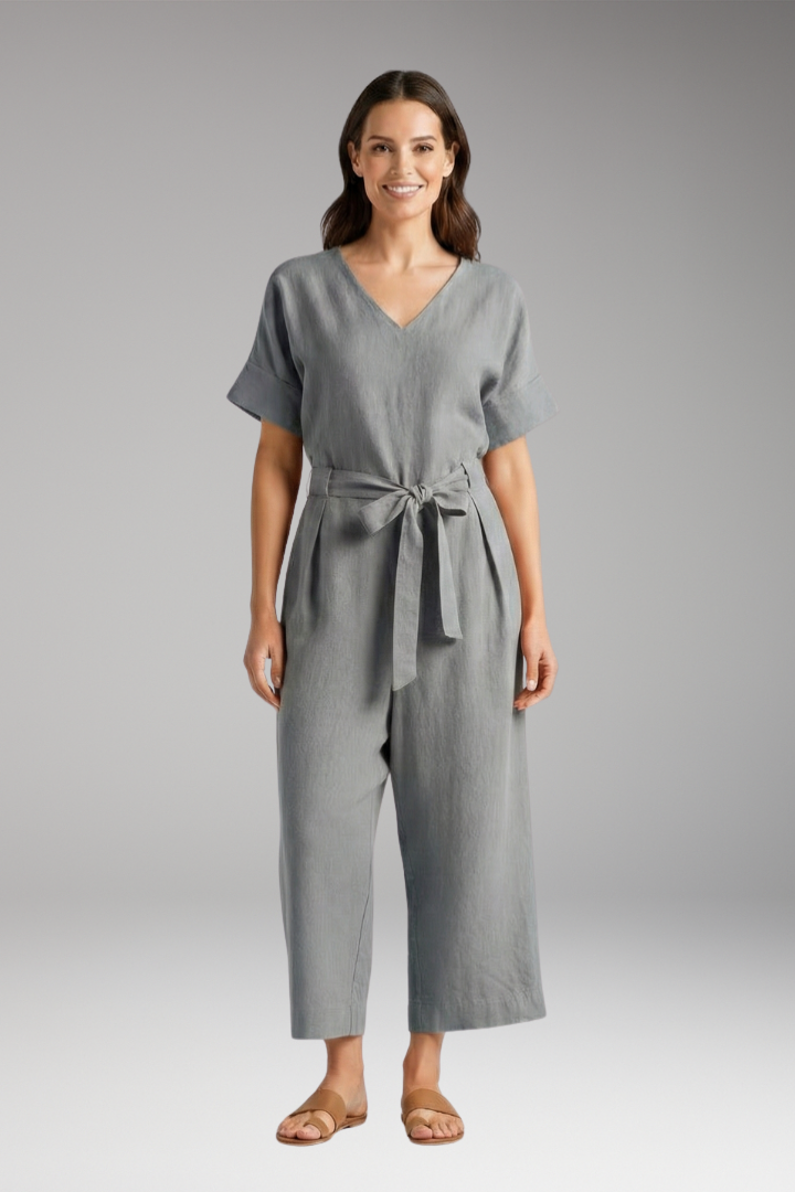 Women's Jumpsuit with V Neck and Tie Waist