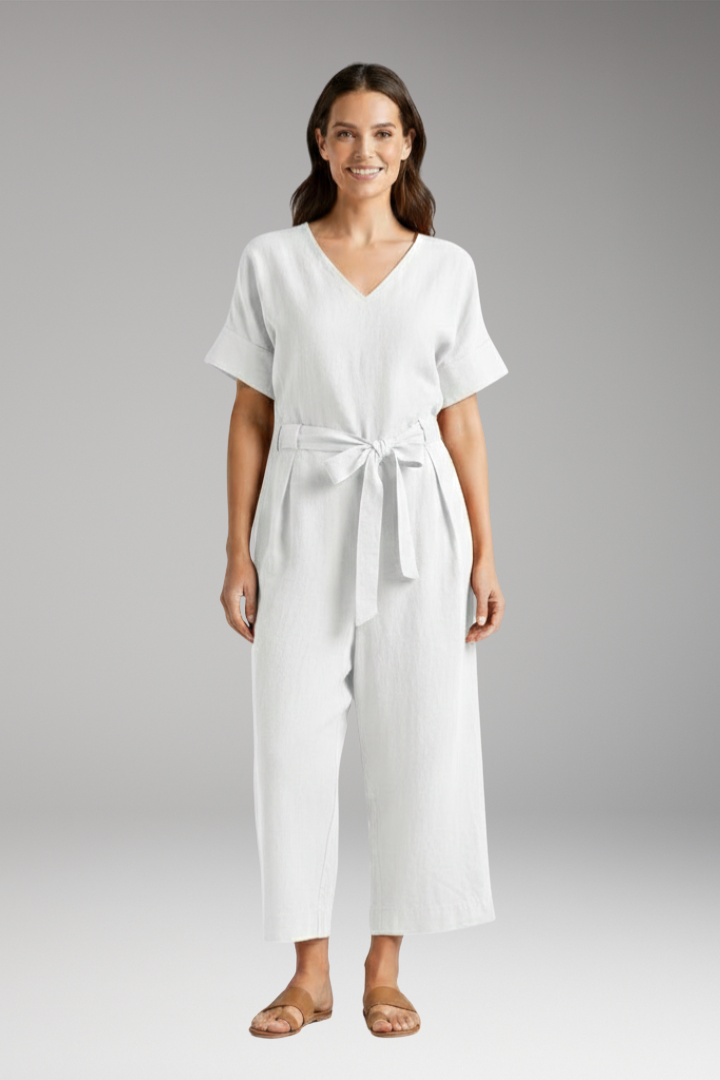 Women's Jumpsuit with V Neck and Tie Waist
