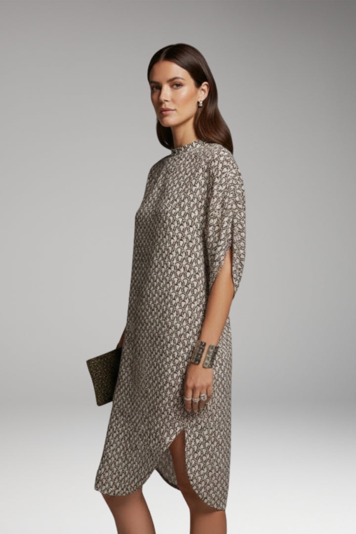 Women's Knee-Length Dress with Half-Sleeve Print and Slit Detail