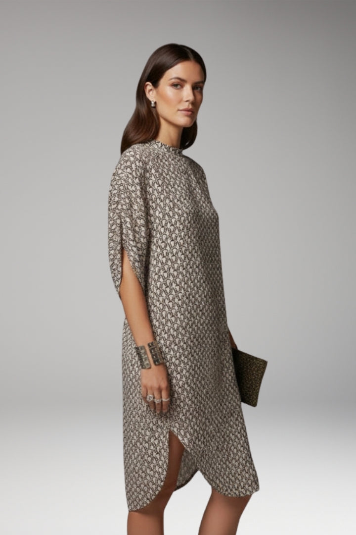 Women's Knee-Length Dress with Half-Sleeve Print and Slit Detail