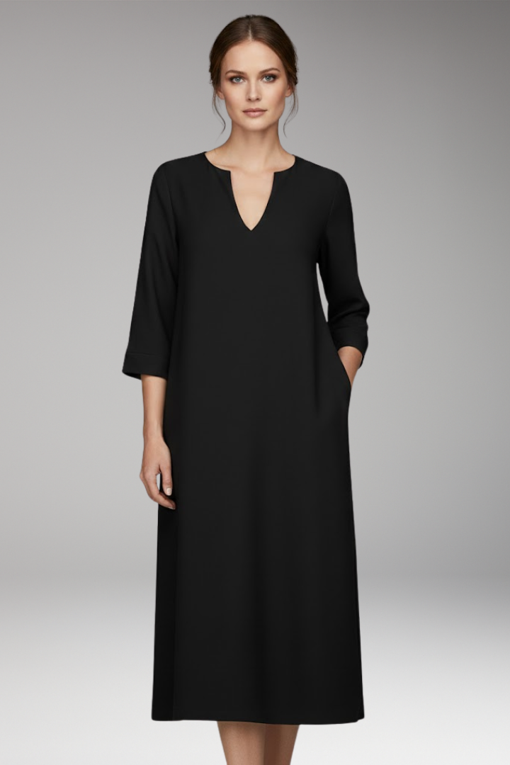 Women's Knee-Length Dress with V-Neck and Three-Quarter Sleeves