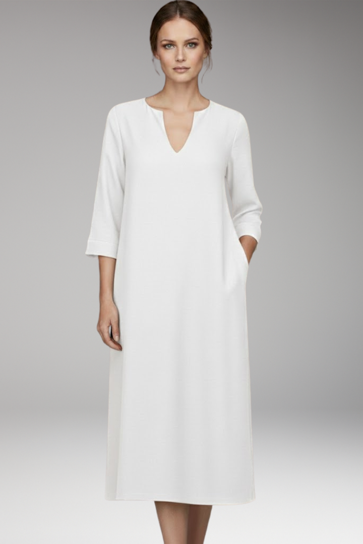 Women's Knee-Length Dress with V-Neck and Three-Quarter Sleeves