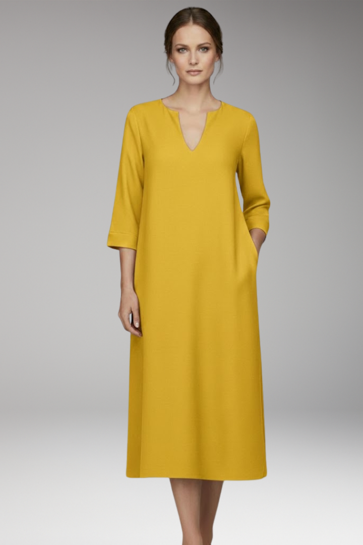 Women's Knee-Length Dress with V-Neck and Three-Quarter Sleeves