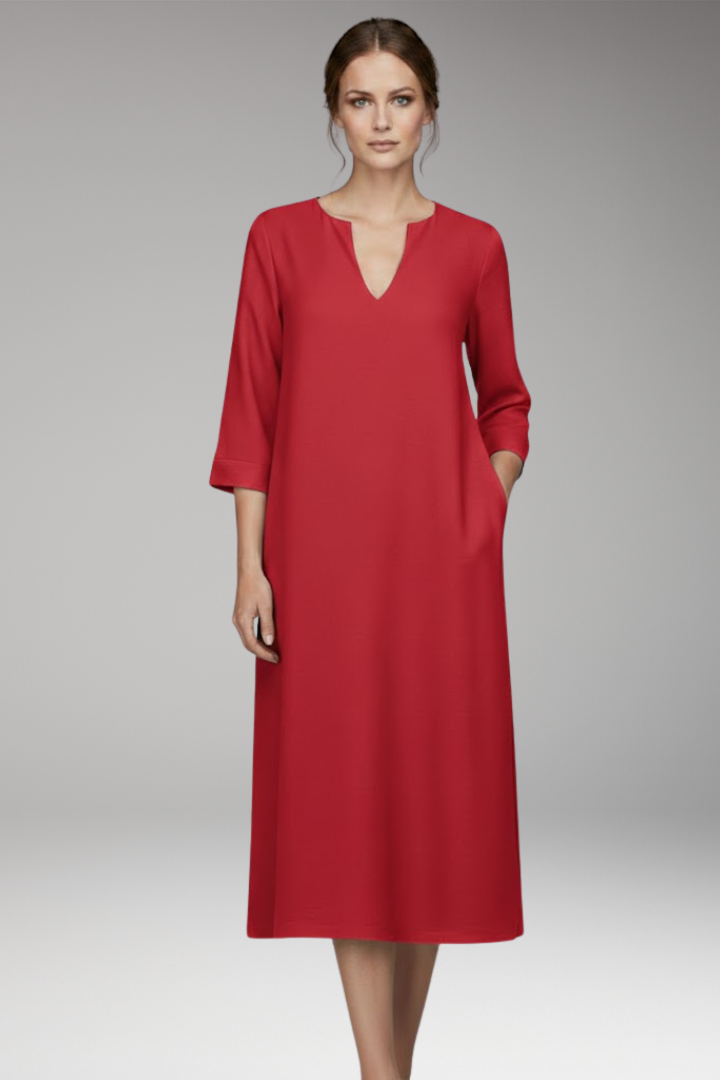 Women's Knee-Length Dress with V-Neck and Three-Quarter Sleeves
