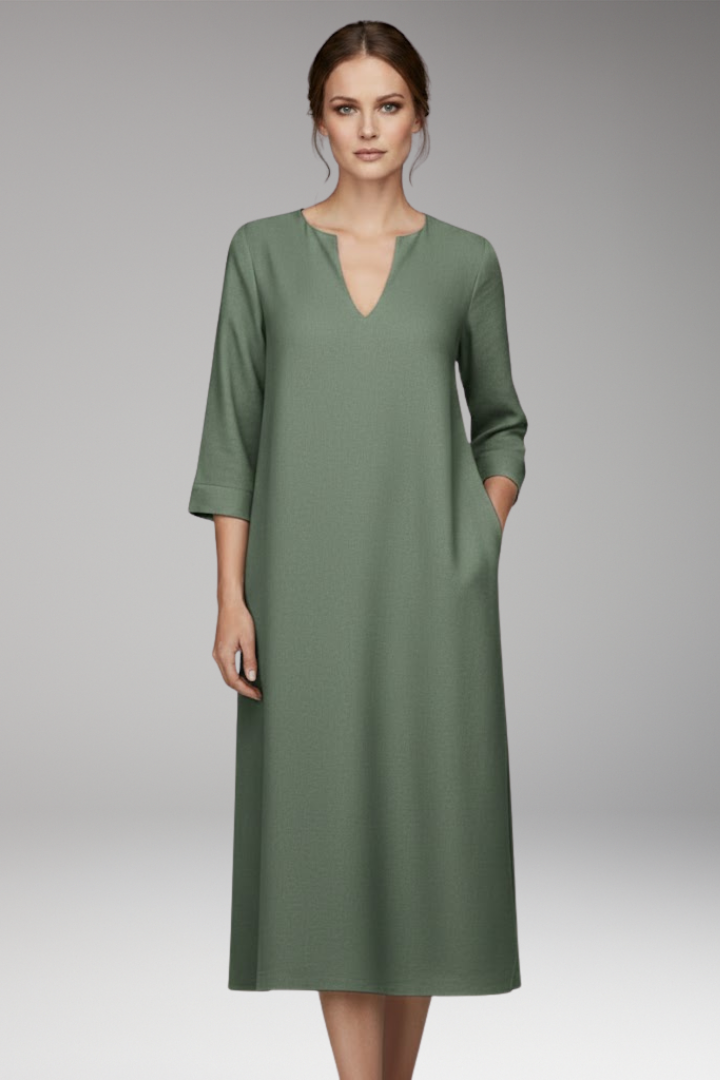 Women's Knee-Length Dress with V-Neck and Three-Quarter Sleeves