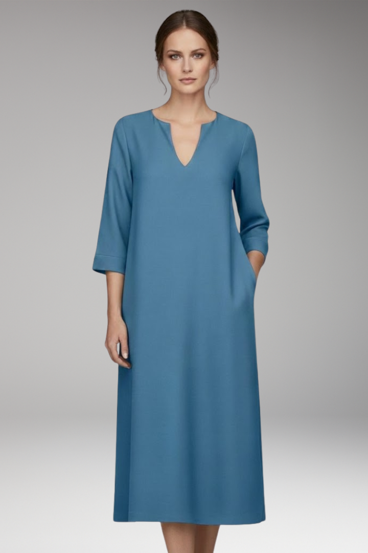 Women's Knee-Length Dress with V-Neck and Three-Quarter Sleeves