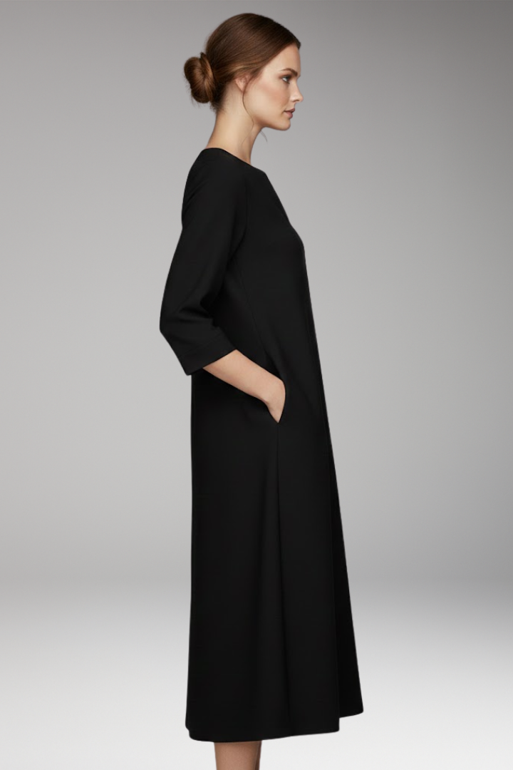 Women's Knee-Length Dress with V-Neck and Three-Quarter Sleeves
