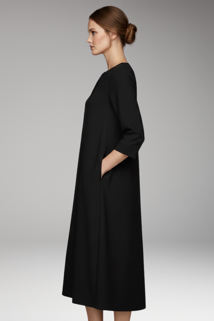 Women's Knee-Length Dress with V-Neck and Three-Quarter Sleeves