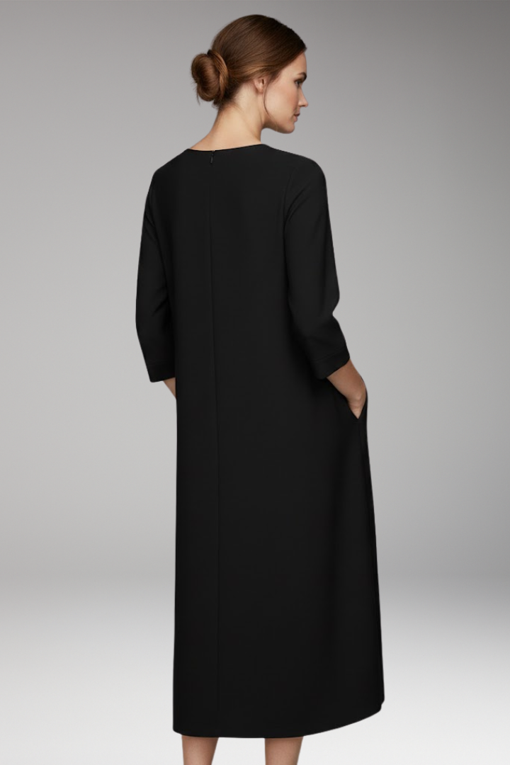 Women's Knee-Length Dress with V-Neck and Three-Quarter Sleeves
