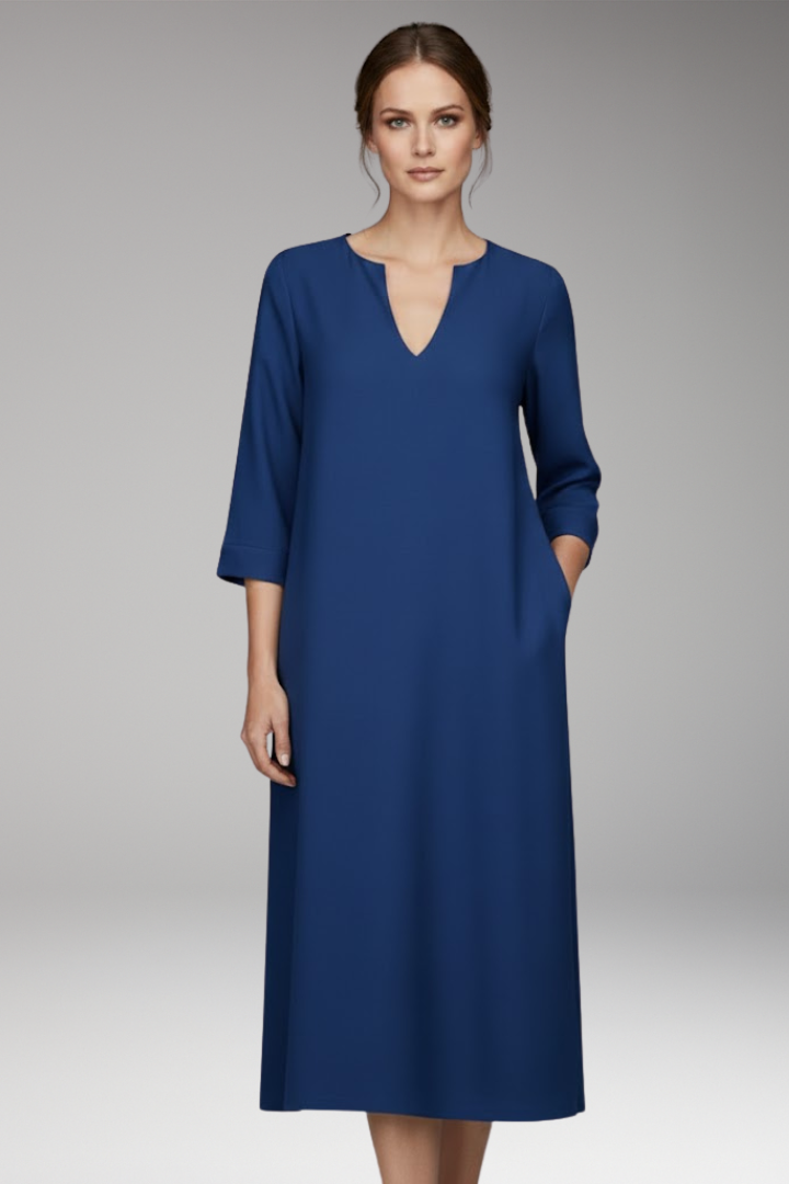Women's Knee-Length Dress with V-Neck and Three-Quarter Sleeves