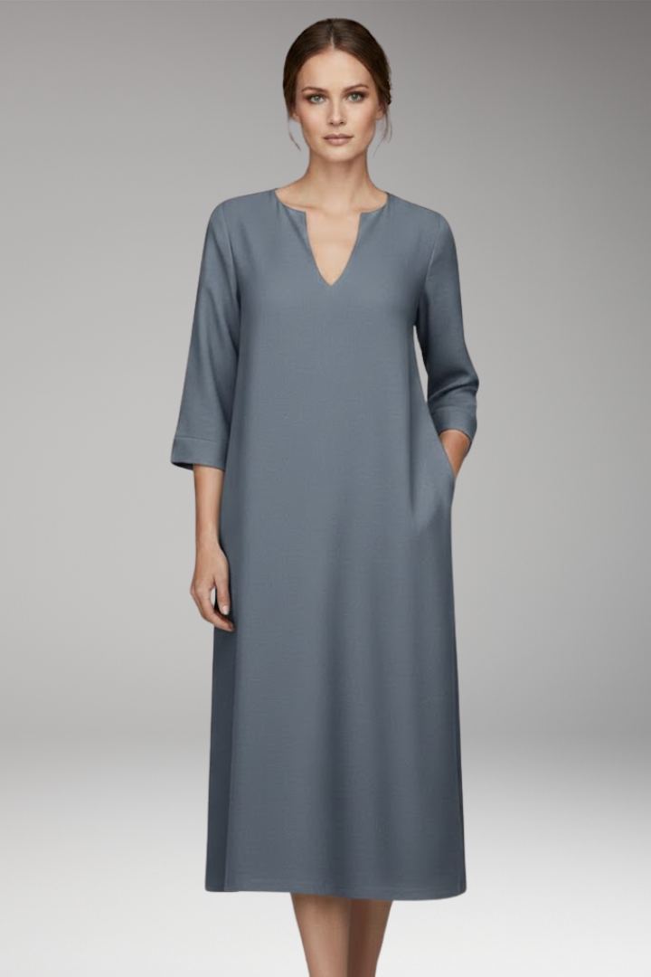 Women's Knee-Length Dress with V-Neck and Three-Quarter Sleeves