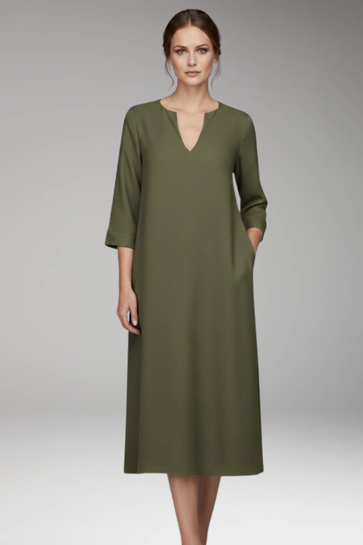 Women's Knee-Length Dress with V-Neck and Three-Quarter Sleeves