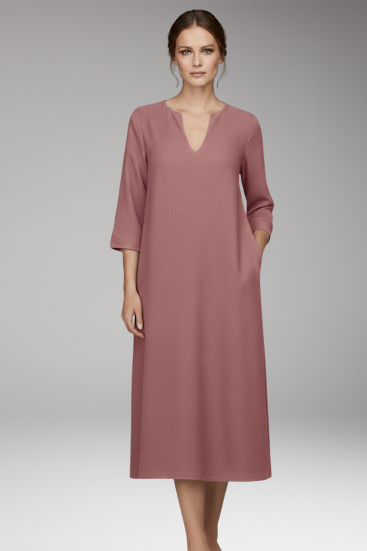 Women's Knee-Length Dress with V-Neck and Three-Quarter Sleeves