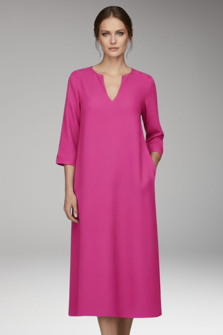 Women's Knee-Length Dress with V-Neck and Three-Quarter Sleeves