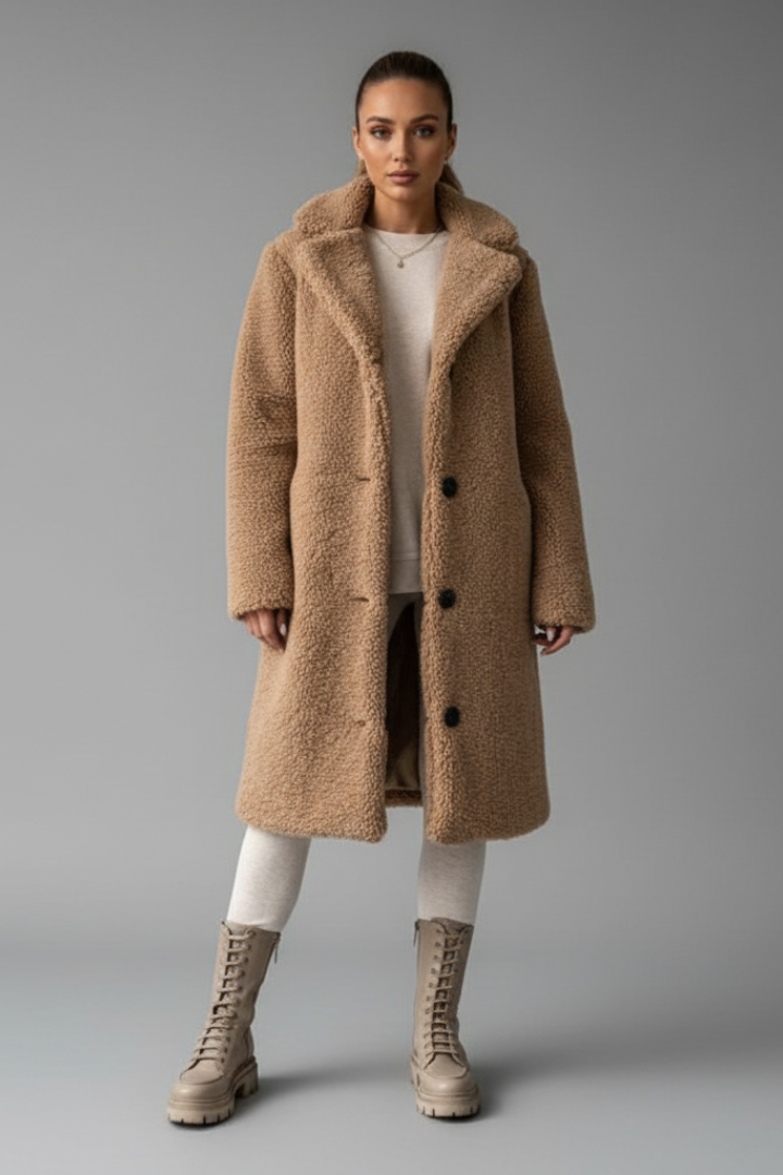 Women’s Knee-Length Overcoat with High Collar and Two-Pocket Design