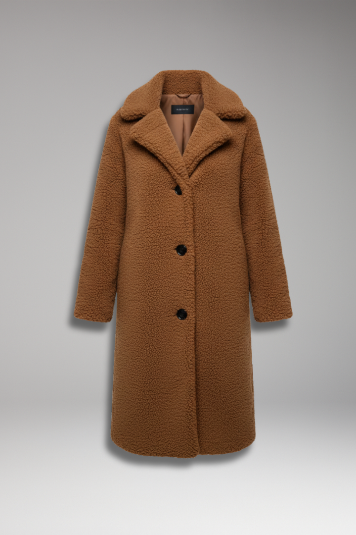 Women’s Knee-Length Overcoat with High Collar and Two-Pocket Design