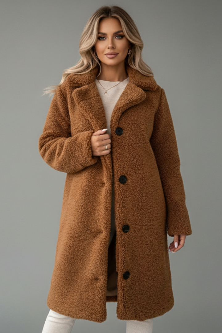 Women’s Knee-Length Overcoat with High Collar and Two-Pocket Design
