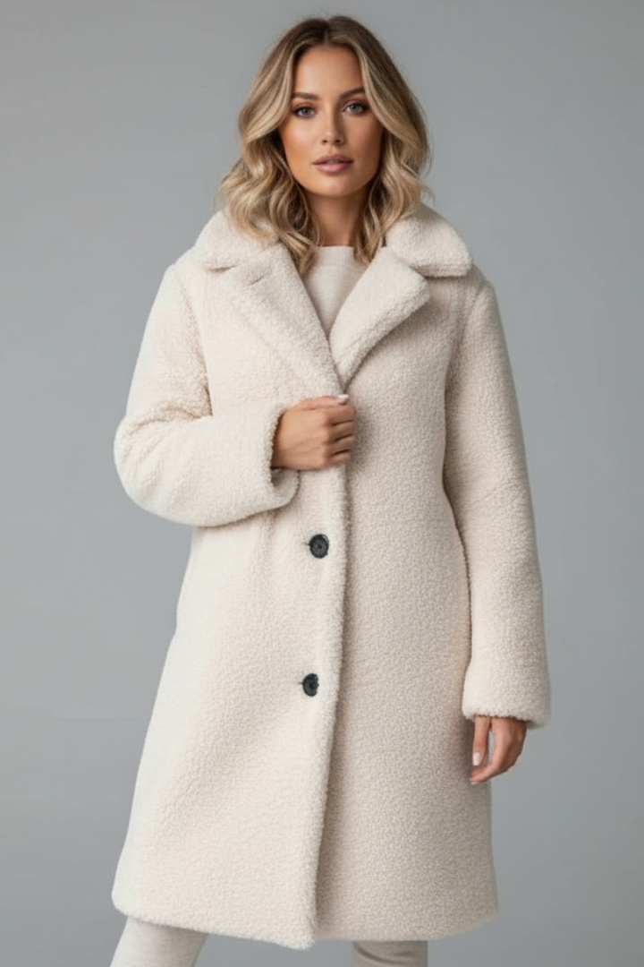 Women’s Knee-Length Overcoat with High Collar and Two-Pocket Design