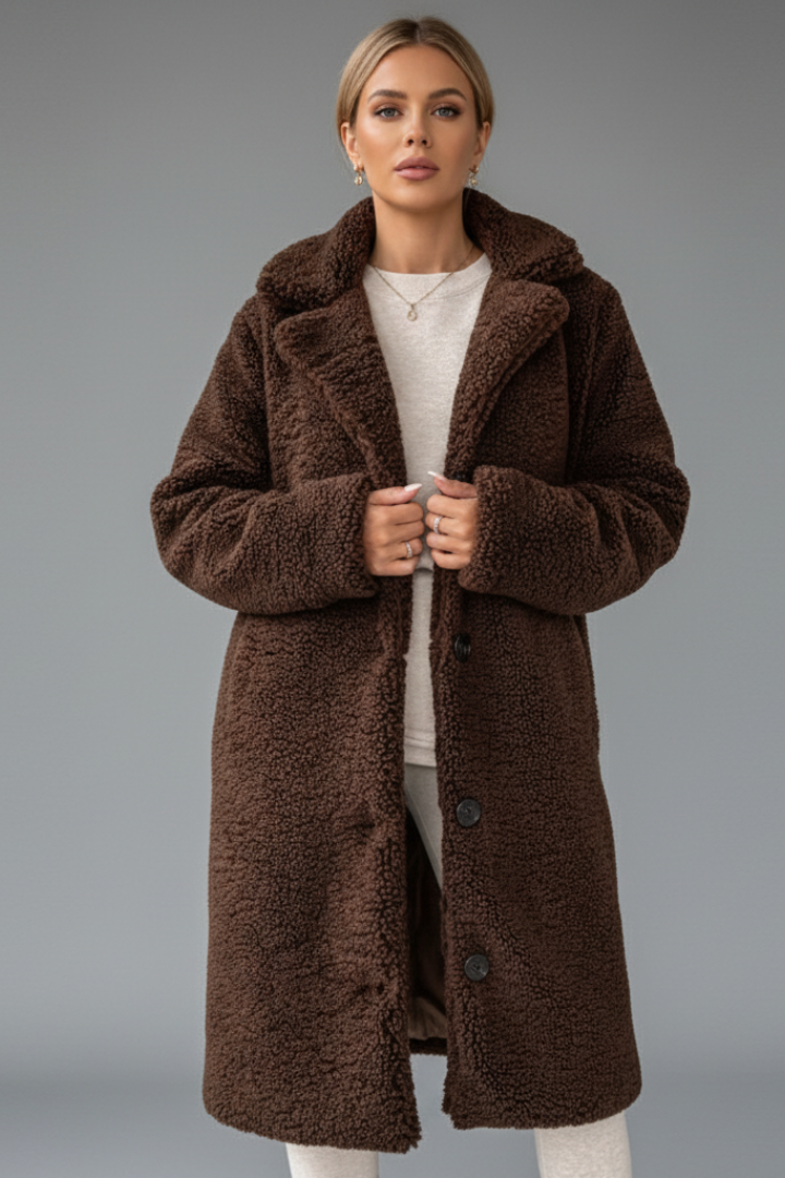 Women’s Knee-Length Overcoat with High Collar and Two-Pocket Design