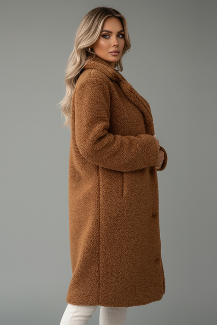 Women’s Knee-Length Overcoat with High Collar and Two-Pocket Design