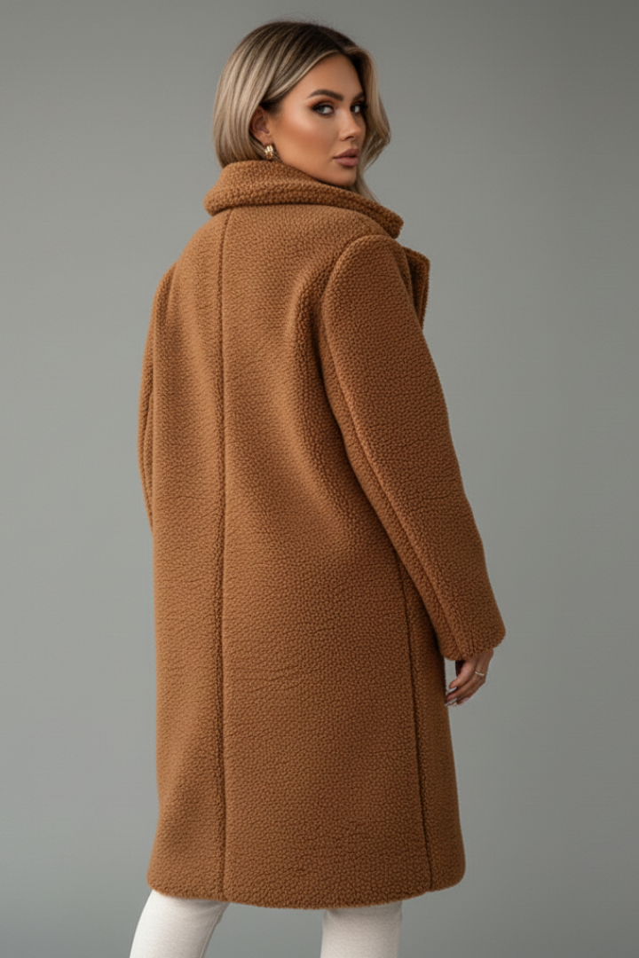 Women’s Knee-Length Overcoat with High Collar and Two-Pocket Design