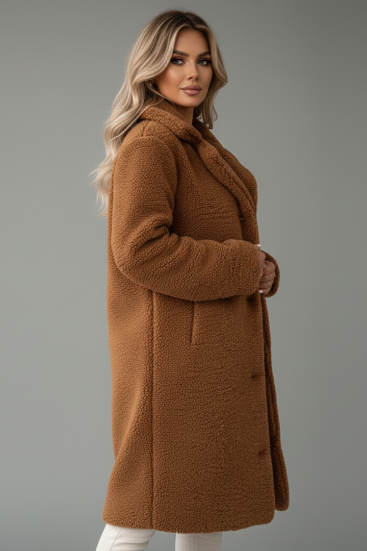 Women’s Knee-Length Overcoat with High Collar and Two-Pocket Design