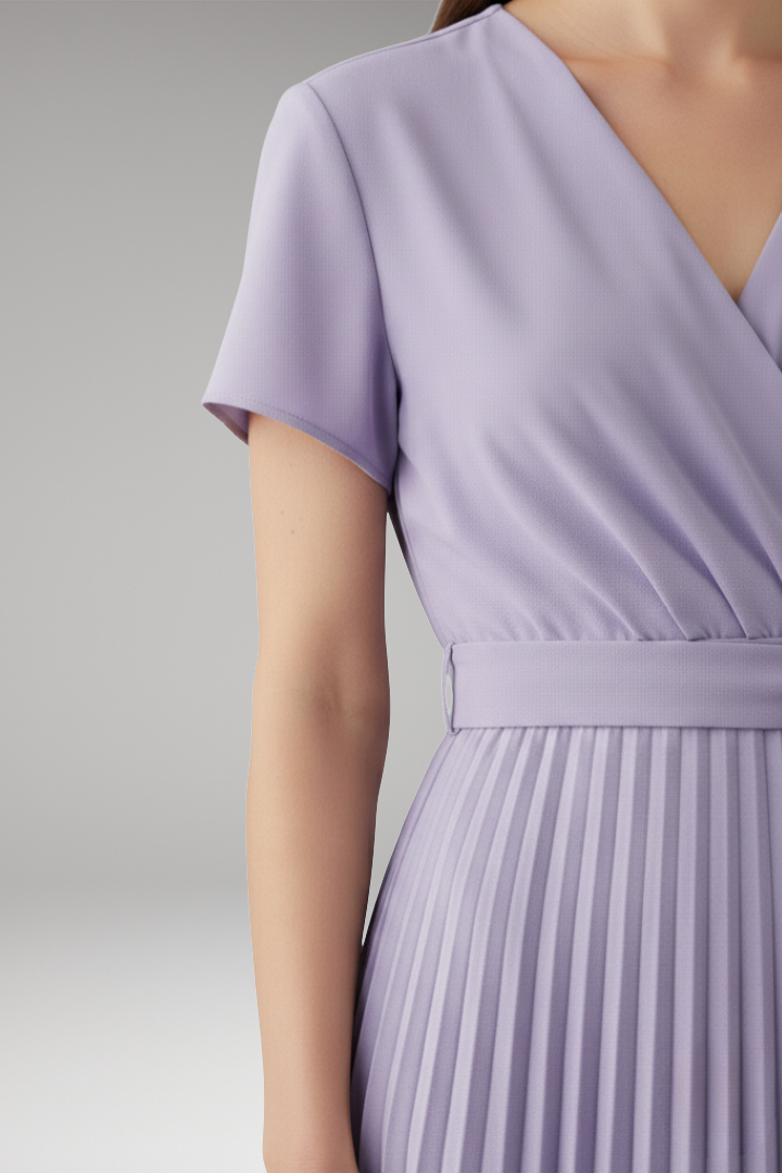 Women's Knee-Length Pleated Dress with High Waist and V-Neck