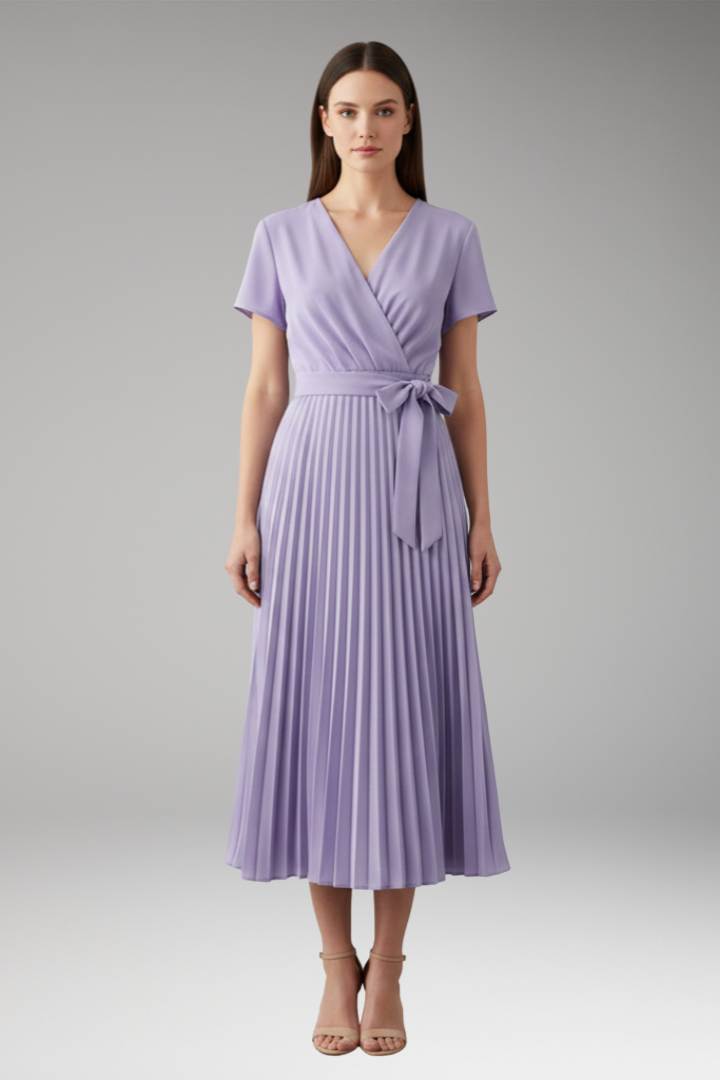 Women's Knee-Length Pleated Dress with High Waist and V-Neck