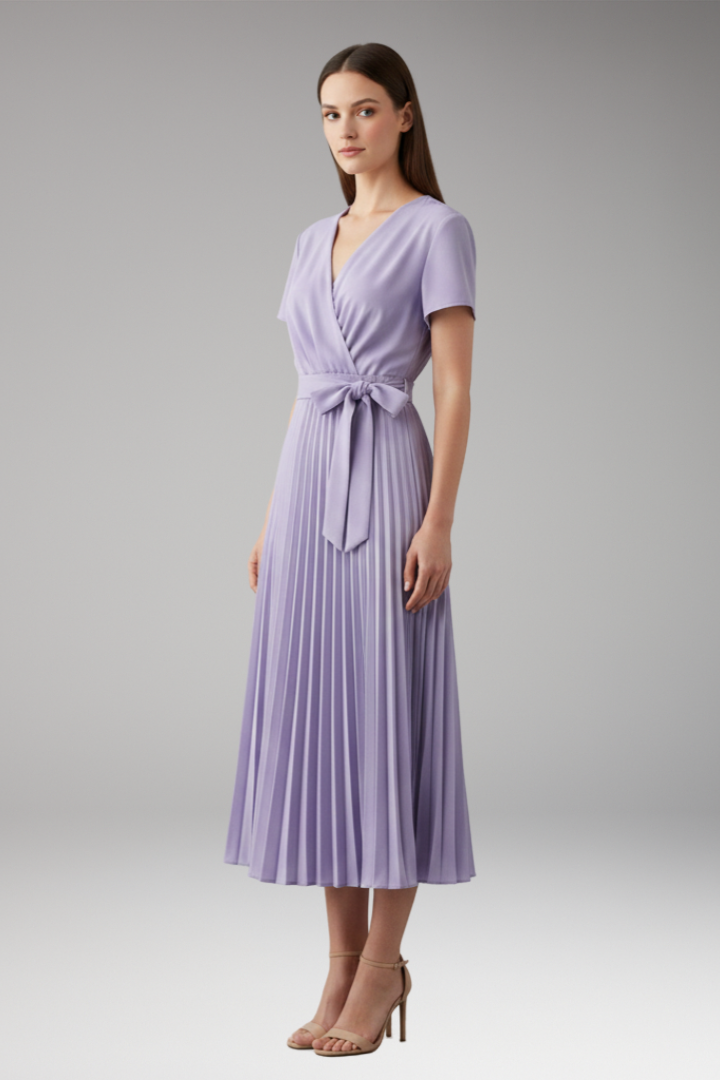 Women's Knee-Length Pleated Dress with High Waist and V-Neck