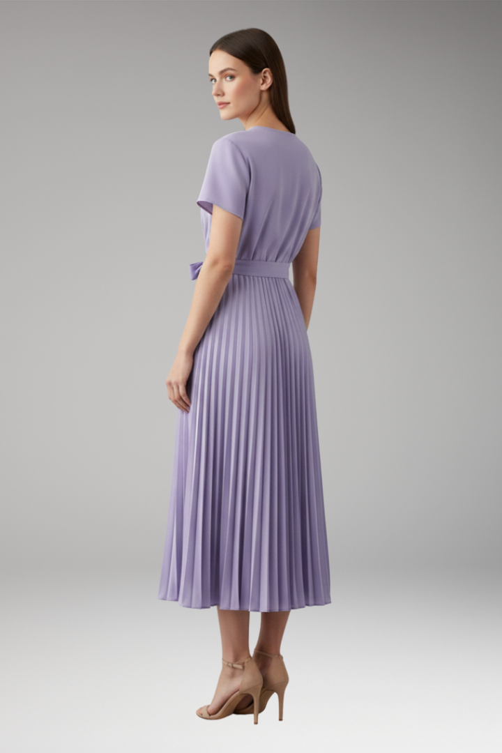 Women's Knee-Length Pleated Dress with High Waist and V-Neck