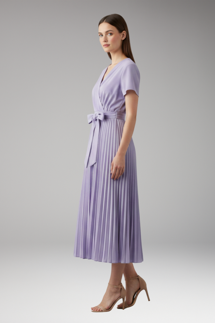 Women's Knee-Length Pleated Dress with High Waist and V-Neck