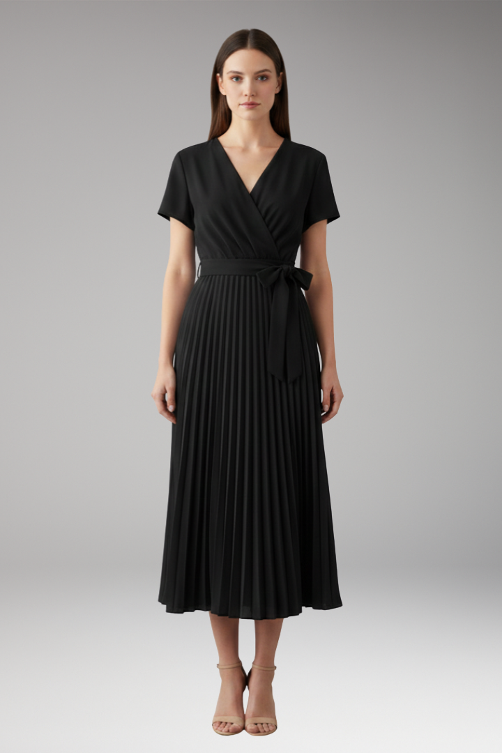 Women's Knee-Length Pleated Dress with High Waist and V-Neck