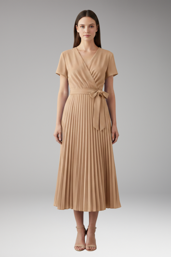 Women's Knee-Length Pleated Dress with High Waist and V-Neck