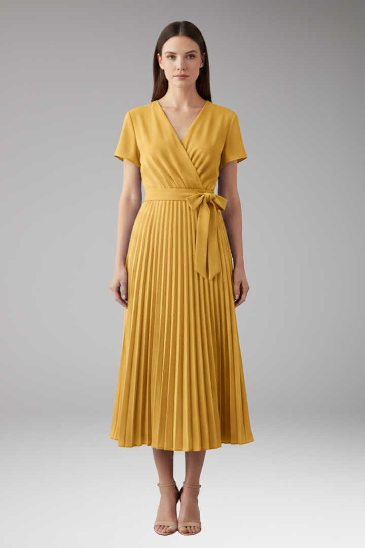 Women's Knee-Length Pleated Dress with High Waist and V-Neck