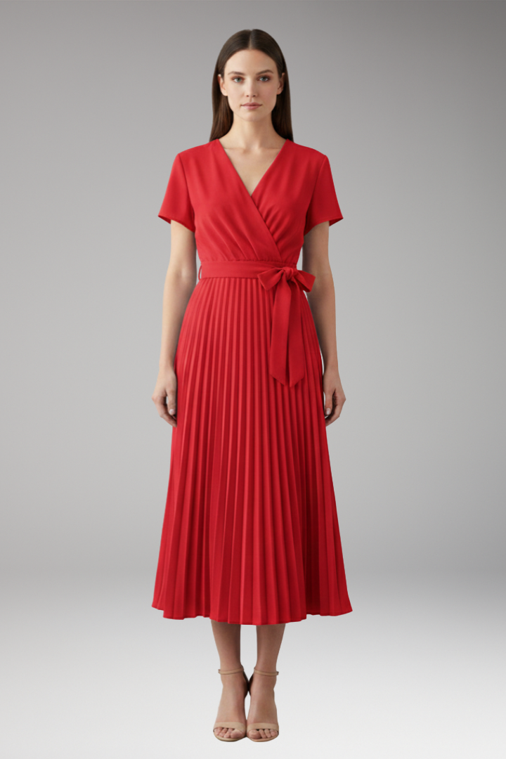 Women's Knee-Length Pleated Dress with High Waist and V-Neck