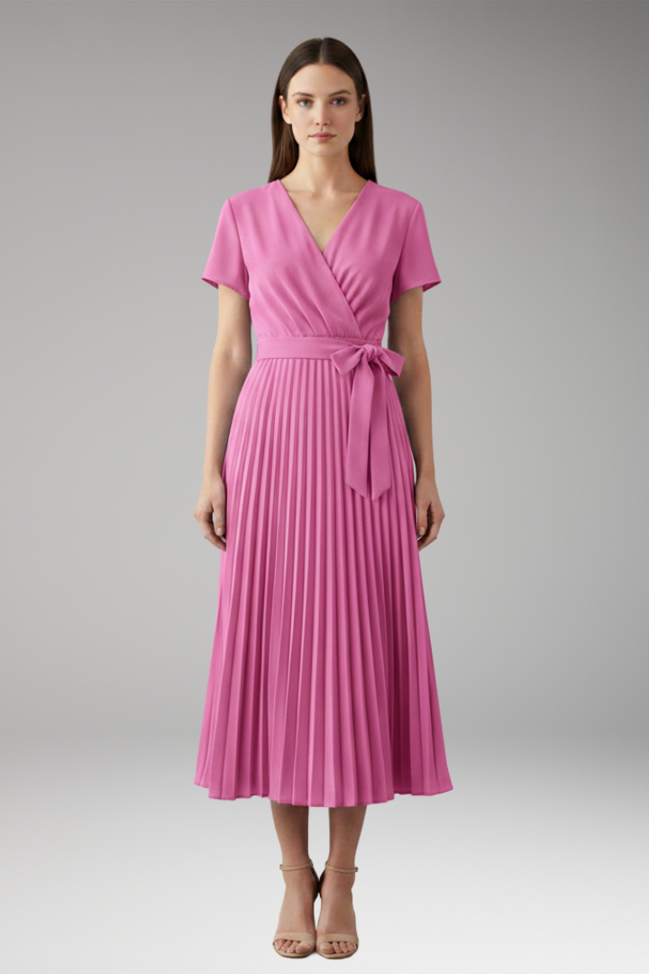 Women's Knee-Length Pleated Dress with High Waist and V-Neck