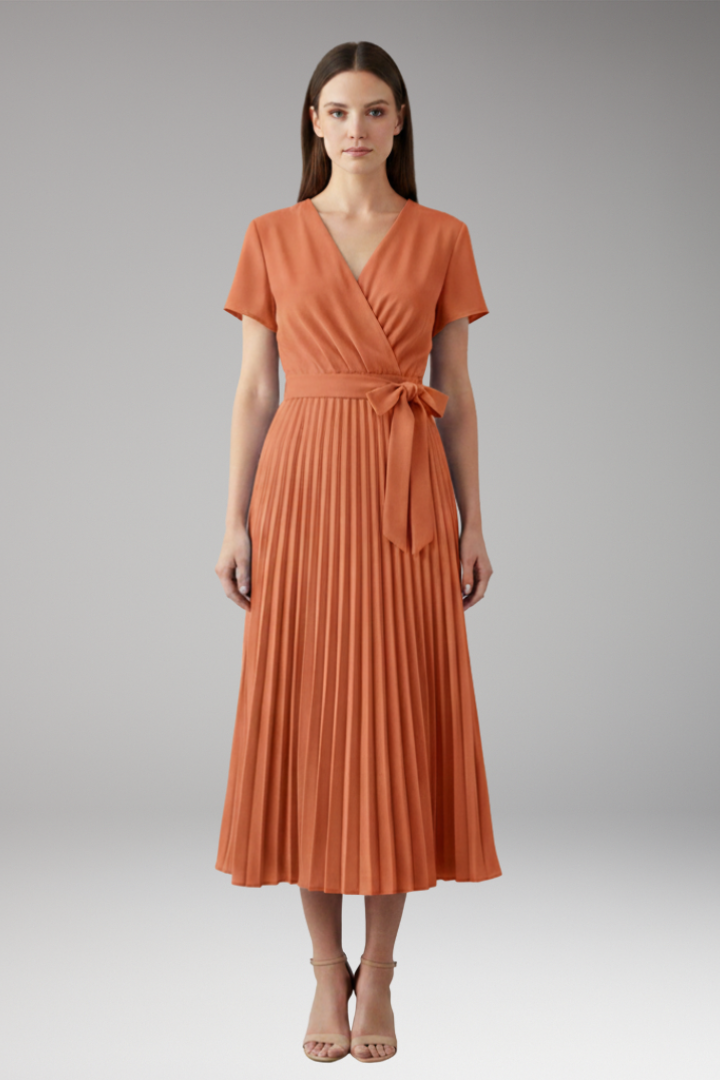 Women's Knee-Length Pleated Dress with High Waist and V-Neck