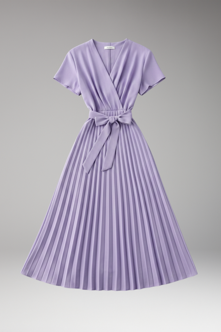 Women's Knee-Length Pleated Dress with High Waist and V-Neck