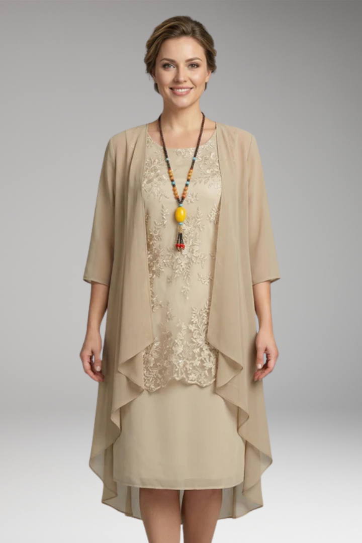 Women's Knee'Length Dress with Lace and Sheer Overlay