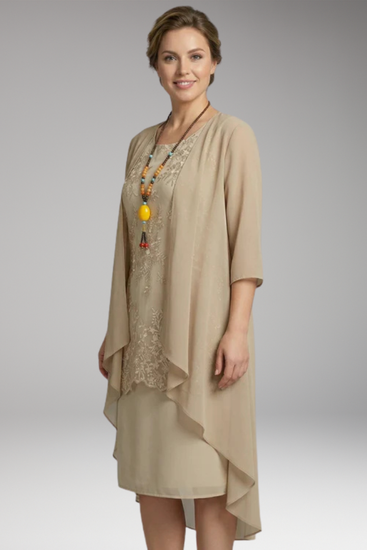Women's Knee'Length Dress with Lace and Sheer Overlay